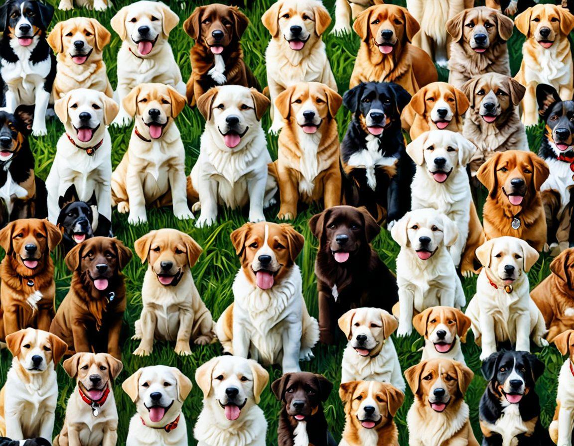 A stunning collage showcasing a variety of dog portraits, from adorable puppies with big, soulful eyes to majestic breeds standing proudly. The background should feature a sunlit park with vibrant green grass and blooming flowers, adding warmth and joy to the scene. Incorporate playful poses and expressions that highlight the unique personality of each dog. Emphasize rich textures and details in the fur. vibrant colors. super-realistic.