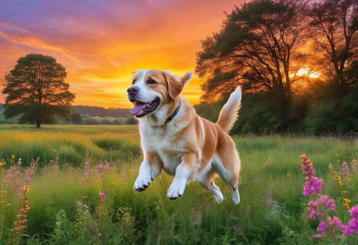 A breathtaking collage of dogs in various vibrant landscapes, showcasing their playful antics and unique personalities. Include a majestic golden retriever leaping through a field of wildflowers, a curious beagle peeking out from behind a tree, and a happy bulldog rolling in the grass. The background features a colorful sunset to enhance the magical atmosphere. super-realistic. vibrant colors. natural setting.