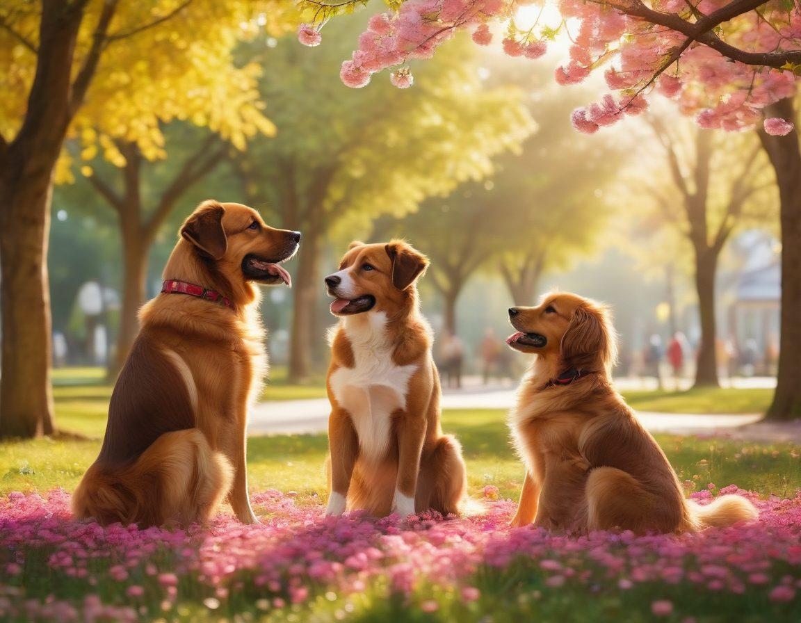 A touching scene of a dog and its owner sharing a joyful moment in a sunlit park, capturing the bond of companionship. Surround the duo with playful puppy silhouettes and vivid blossoms, enhancing the heartwarming essence of canine love. Include a softly blurred background of happy families enjoying outdoor time to evoke a sense of community. Warm tones and natural lighting should evoke feelings of nostalgia and warmth. super-realistic. vibrant colors. soft focus.